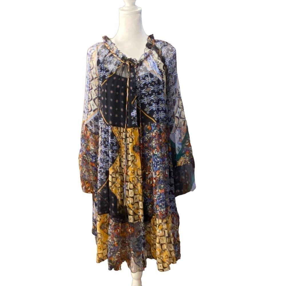 Johnny Was silk multicolor Mini Patchwork Bell Sleeve sheer boho dress Small